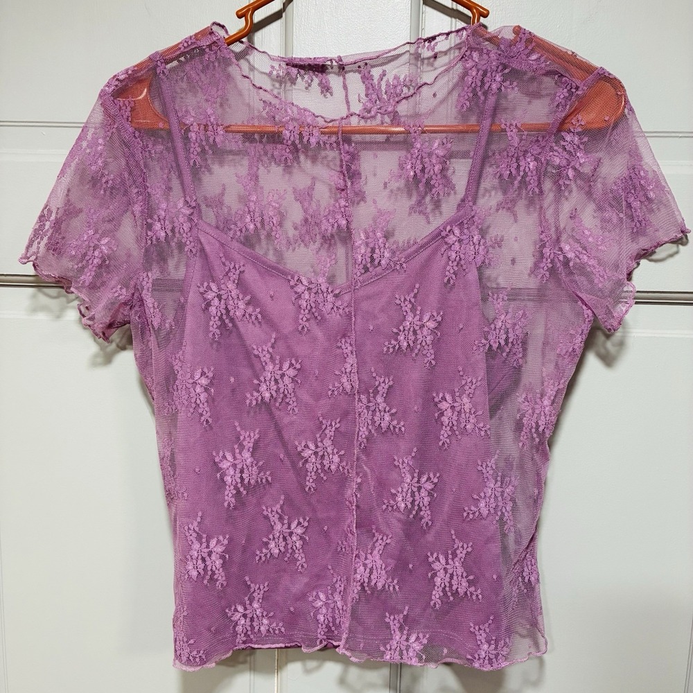 Ultra Flirt Women Small Purple Lace Top Sheer Cap Sleeve Blouse Lightweight